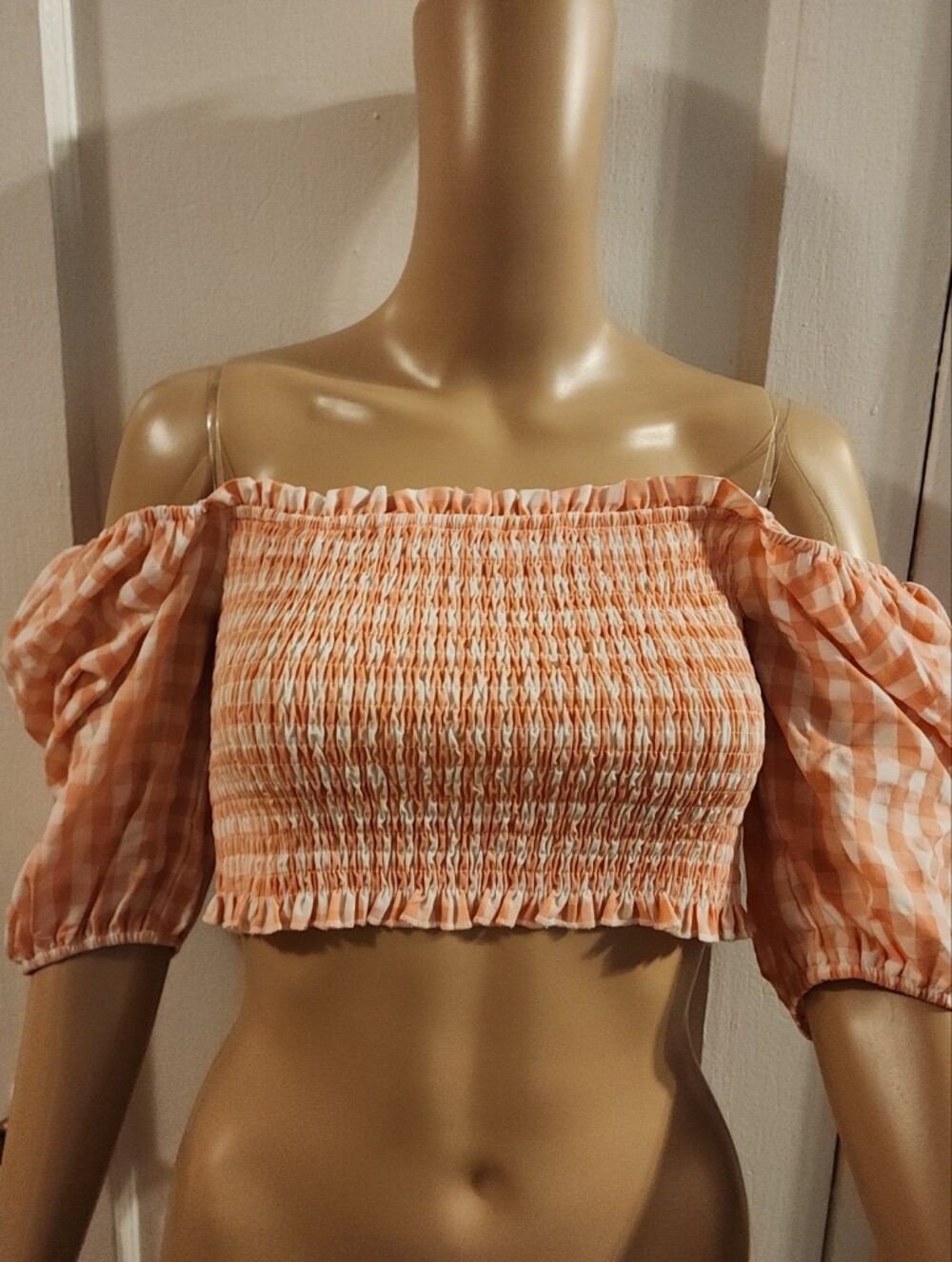 Baby Doll Blouse Off Shoulder Peach/White Gingham Puff Sleeve Size S-M NWOT